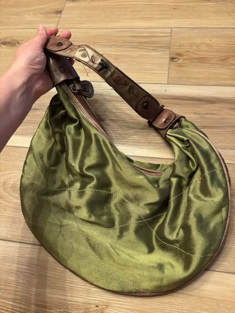 Liz Claiborne Olive Green Satin Hobo Bag with Embroidered Strap